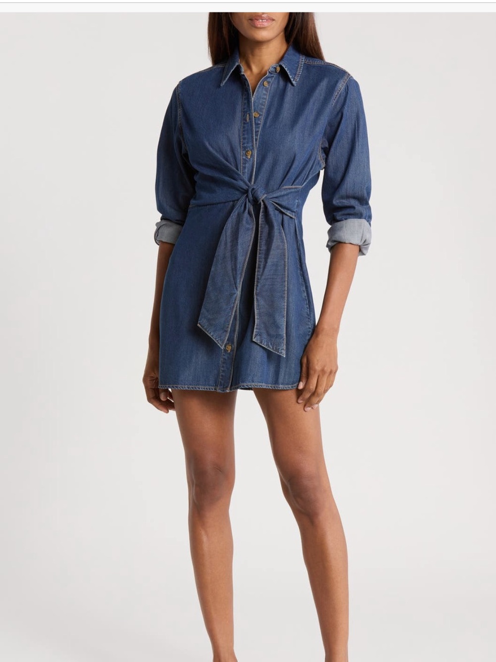 Good American Tie Waist Denim Mini Shirtdress. L. NWT